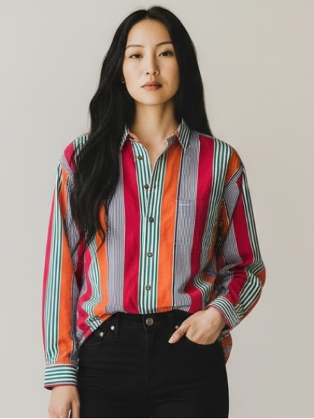 Vintage Liz Claiborne Women's Colorful Striped Button down Shirt - Large